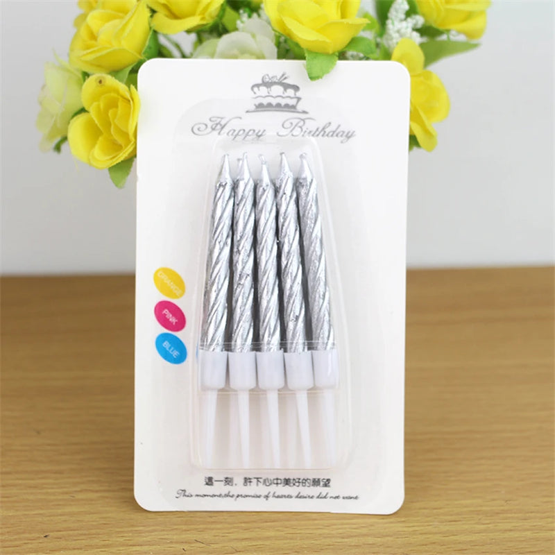 10Pcs /Set Gold or Silver Party Birthday Stick Candles, Threaded Texture Decorated Gift, Wedding Xmas Festival Cake Accesories