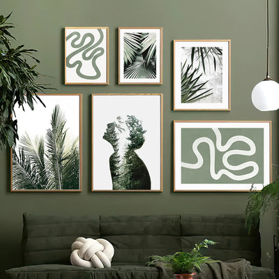 Green Wall Art Canvas Painting Leaves Abstract Boy Shadow Line Nordic Posters And Prints Wall Pictures For Living Room Decor