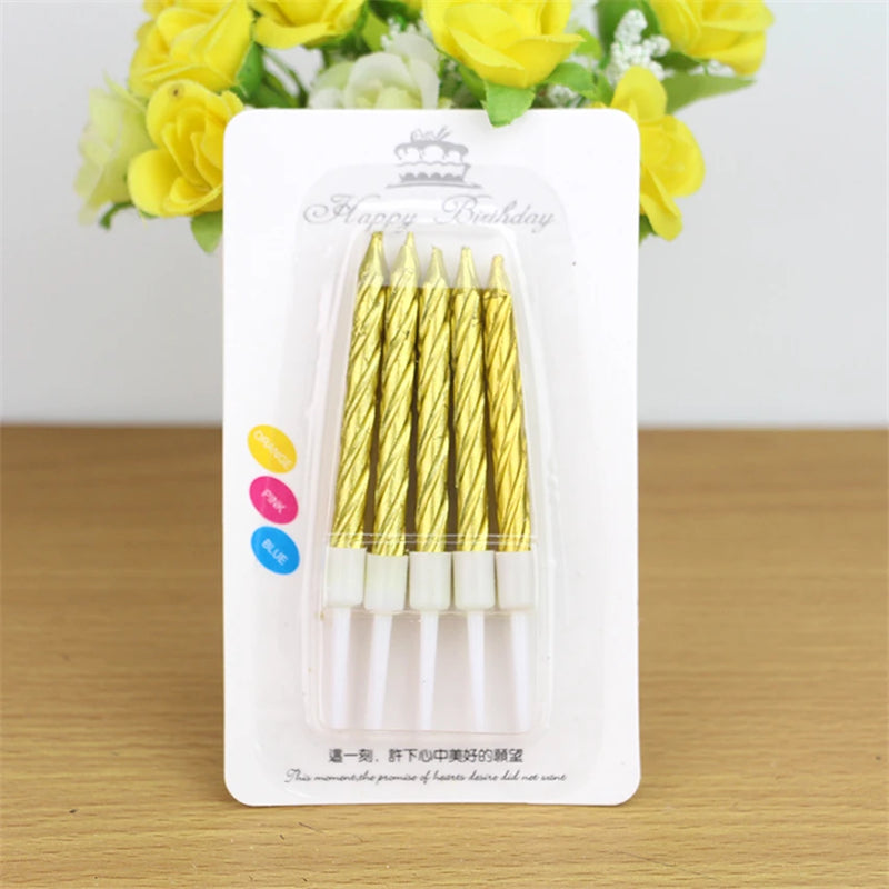 10Pcs /Set Gold or Silver Party Birthday Stick Candles, Threaded Texture Decorated Gift, Wedding Xmas Festival Cake Accesories