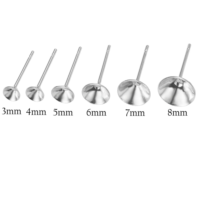 100Pcs/Lot 3/4/5/6/7/8mm Stainless Steel Blank Post Earring Stud Tray Base Pins for Jewelry Finding Wholesales