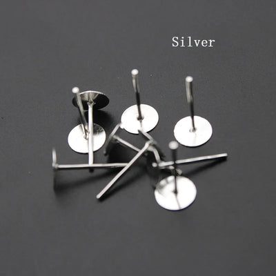 200pc/Lot Nickel Free Metal Blank Post Earring Studs Base Pins Round Flat Trays fit 4 6 8 10mm Cabochon Settings DIY Finding