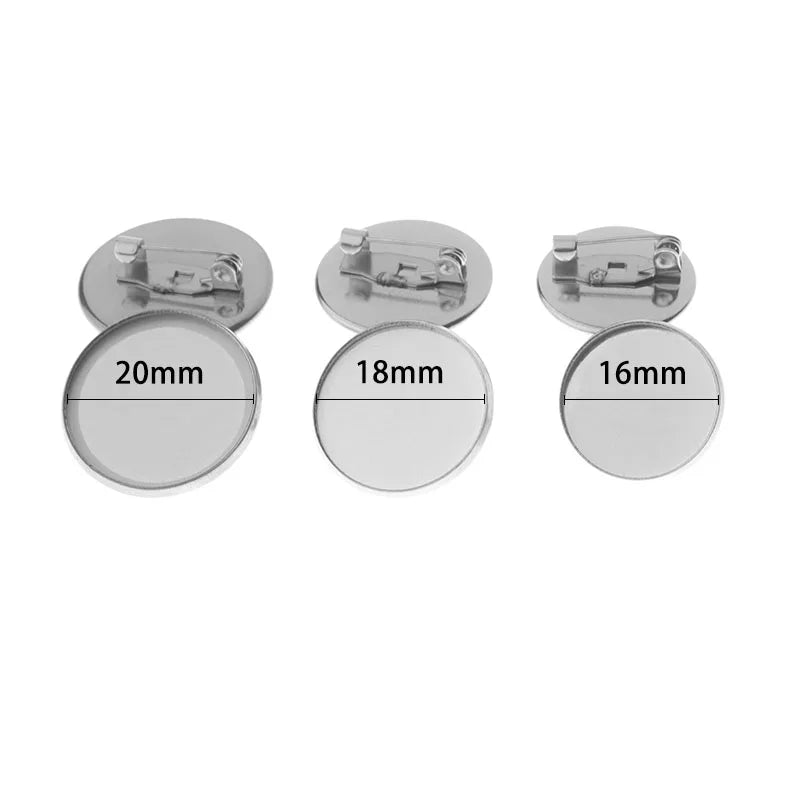 10pcs/lot 16mm 18mm 20mm Stainless Steel Brooch Clasps Pin Disk Blank Cabochon Trays With Brooch Pins Cameo Base Setting