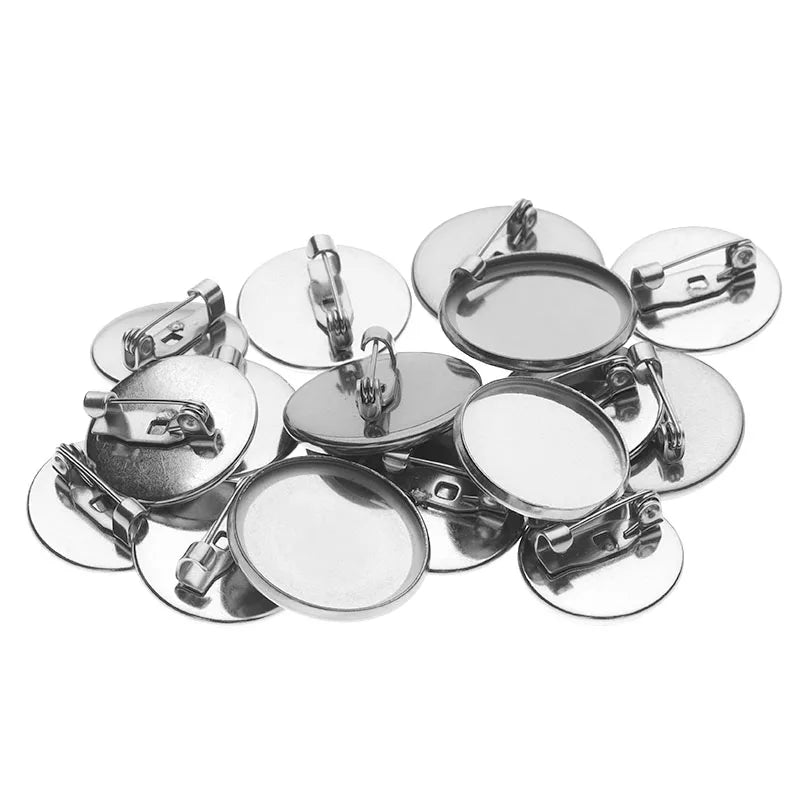 10pcs/lot 16mm 18mm 20mm Stainless Steel Brooch Clasps Pin Disk Blank Cabochon Trays With Brooch Pins Cameo Base Setting