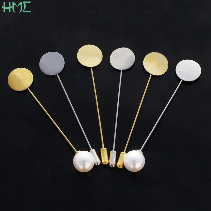 20pcs Pearl Gold Rhodium Long Brooch Pin Base Diy Blank Tray Bezel Setting Cabochon Cameo Jewelry Marking Brooches Accessories