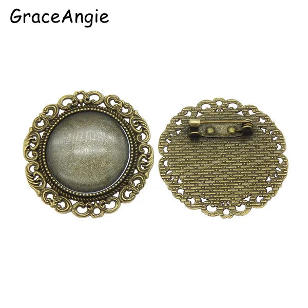 Round Brooch Set  Cabochon Blanks Trays with Brooch Pins Cameo Lace brooch pin base Clear Glass broche backing tray diy findings