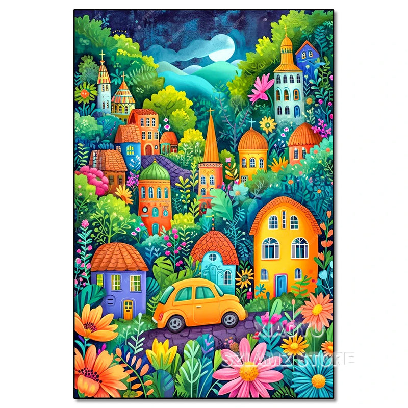 Diamond Painting Cartoon Fairy Tale World Colorful Castle Town Scenery 5D Full Round DIY Diamond Mosaic Embroidery Cross Stitch