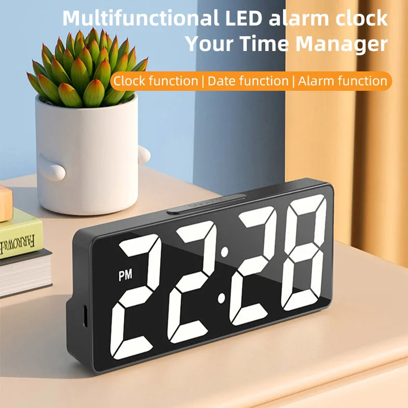 Digital Clock LED Alarm Clock Electronic Desktop Clock With Temperature Display Adjustable Brightness Plug-in Mirror Clock