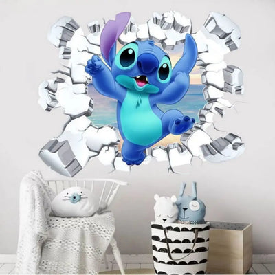 3D Broken Wall Lilo & Stitch Wall Stickers For Kid's Room Kindergarten Living Room Bedroom Wall Decoration Animated Poster