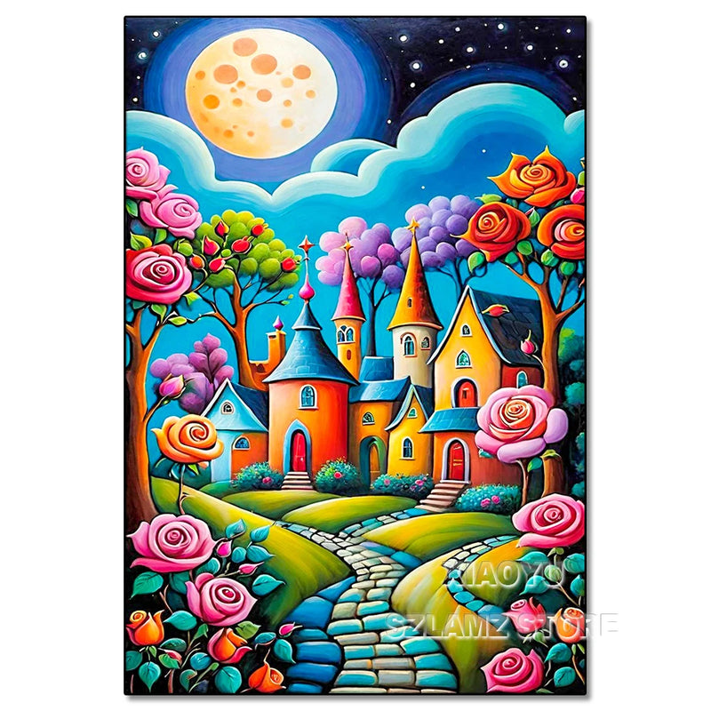 Diamond Painting Cartoon Fairy Tale World Colorful Castle Town Scenery 5D Full Round DIY Diamond Mosaic Embroidery Cross Stitch