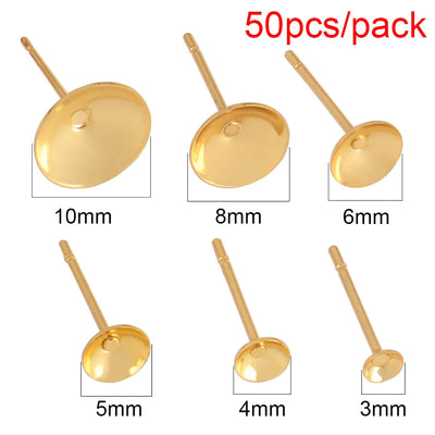 50-100pcs Stainless Steel Blank Earrings Pearl Cup Studs Base Pins Round Cabochon Tray Settings DIY Pearl Ear Post Pin Findings