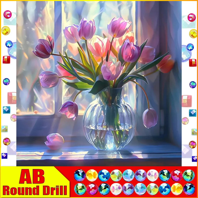 HOMFUN Fairy Dust AB Diamond Painting Full Square/Round Diamond "Flower Tulip" Pattern Embroidery 5D Rhinestone Painting