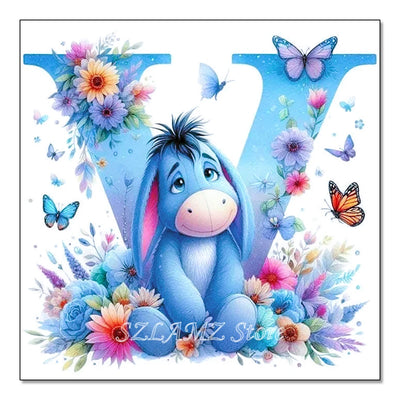 5D DIY Full Round Diamond Painting Letter Series Eeyore Donkey and Flowers Mosaic Art Kit Room Home Living Room Decoration