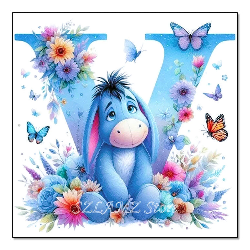 5D DIY Full Round Diamond Painting Letter Series Eeyore Donkey and Flowers Mosaic Art Kit Room Home Living Room Decoration