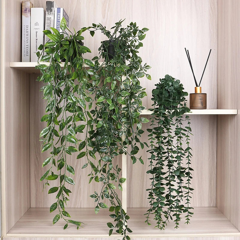 Artificial Plastic Hanging Plants Wall Vines Leaves Branch Outdoor Garden Home Decor Living Room Arrangement Fake Flower Rattan