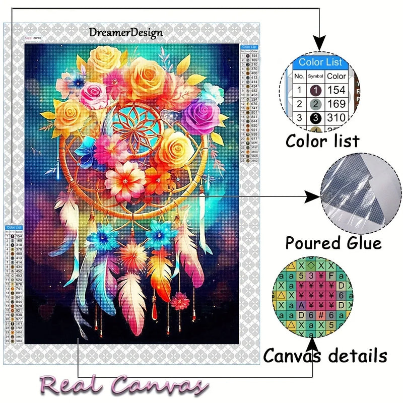 30X40CM Diamond Painting Kit Flower Dream Catcher Full Round Diamond Mosaic 5D DIY Cross Stitch Kits Embroidery Art Home Decor