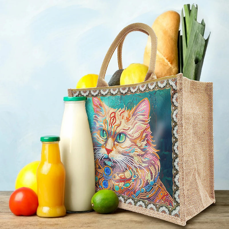 Diamond Painting Tote Bag Diamond Painting Grocery Bags Replaceable Canvas Linen Cat Flowers and Bird Elk for Women Adults Craft