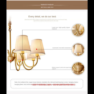 American Copper Led Chandelier Ceiling Lamp Living Dining Room Kitchen Hanging Light Luxury Fabric Home Decor Pendant Lighting