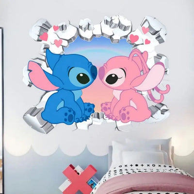 3D Broken Wall Lilo & Stitch Wall Stickers For Kid's Room Kindergarten Living Room Bedroom Wall Decoration Animated Poster