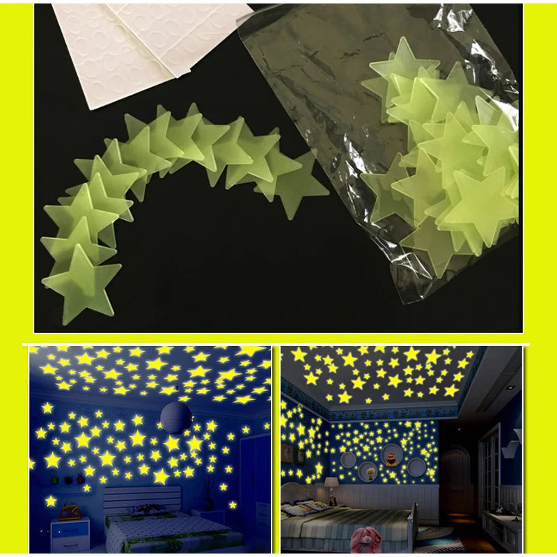 3/100 Pcs Luminous Stars Ceiling Wall Decoration Items Fluorescent Glow In The Dark 3d Stars Moon Wall Stickers  Glow Star