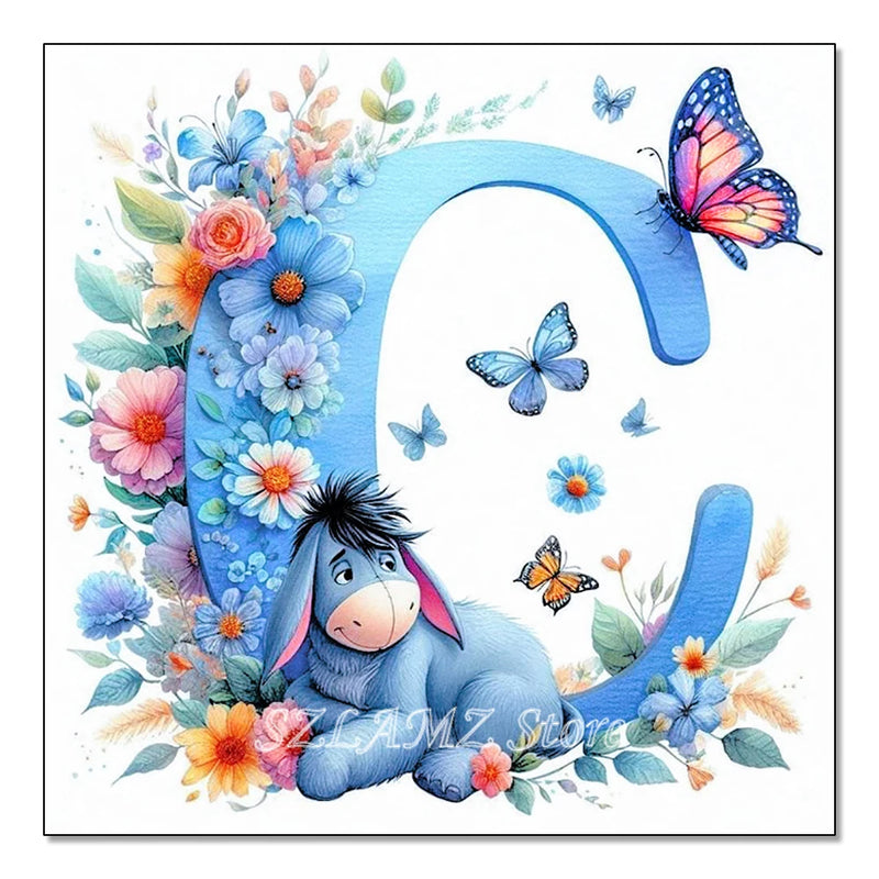 5D DIY Full Round Diamond Painting Letter Series Eeyore Donkey and Flowers Mosaic Art Kit Room Home Living Room Decoration