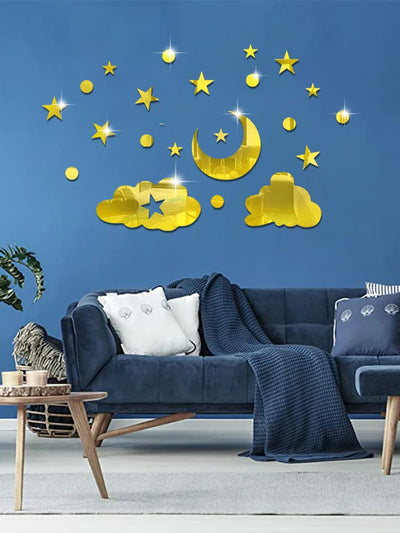 Stars moon clouds mirror 3d three-dimensional decoration wall paste bedroom wall room wall self-adhesive mirror wall stickers