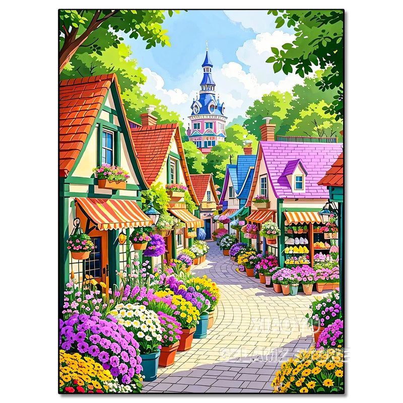 Diamond Painting Cartoon Fairy Tale World Colorful Castle Town Scenery 5D Full Round DIY Diamond Mosaic Embroidery Cross Stitch