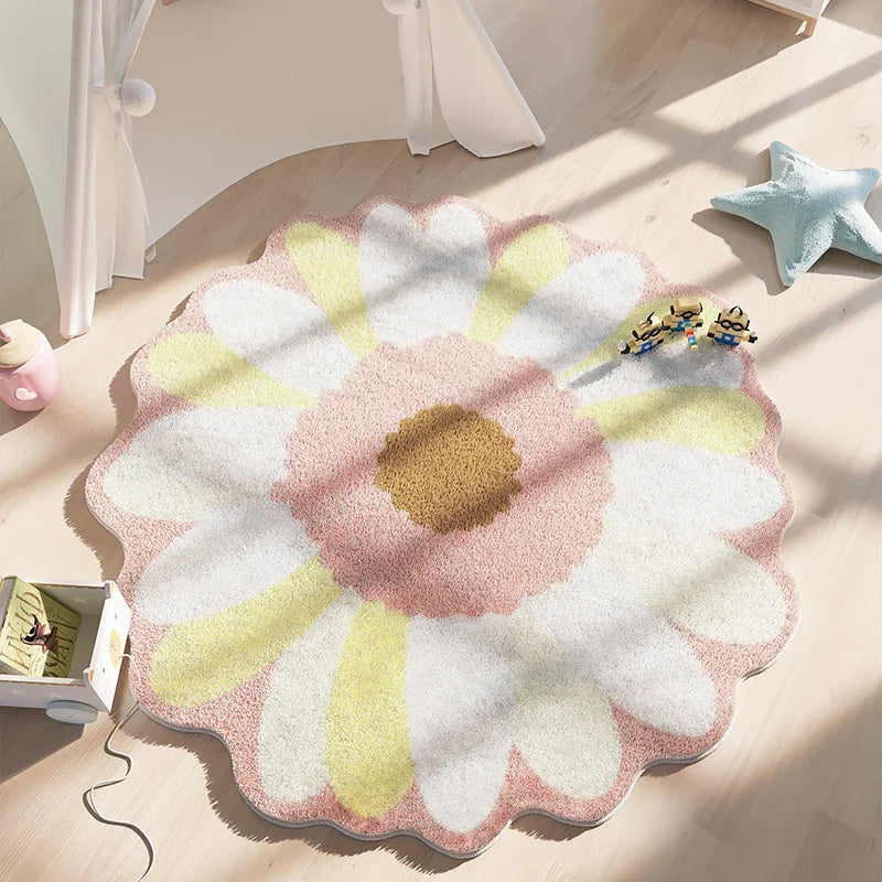 Nordic Fluffy Sun Flower Carpet Plush Rugs Cushion Girl Round Bedroom Children&