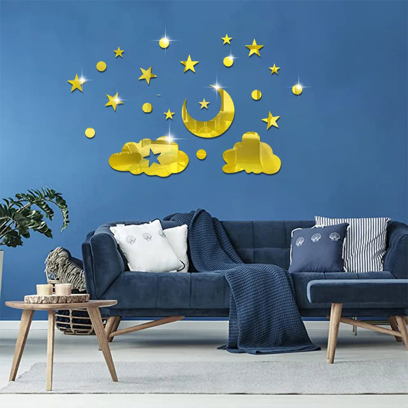 Stars moon clouds mirror 3d three-dimensional decoration wall paste bedroom wall room wall self-adhesive mirror wall stickers