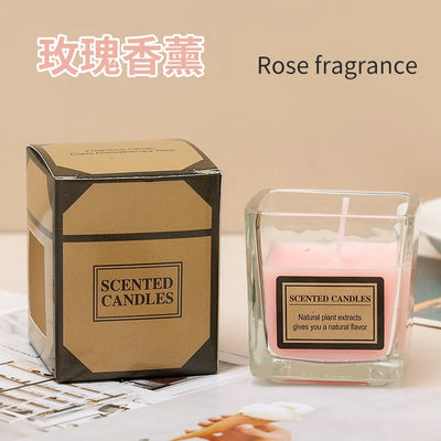 Candy Color Natural Plant Scented Candles Help Sleep Strawberry Lavender Jasmine Rose Scented Glass Square Cup Perfume Candles