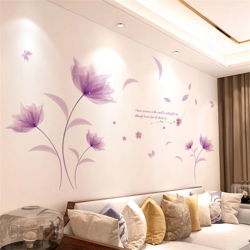 DIY Purple Lavender Living Room Wall Stickers Decor Self-adhesive Flowers Butterfly Wall Decals Mural Bedroom Home Decorations