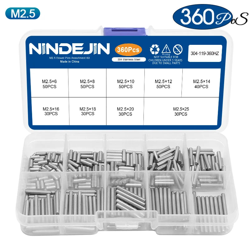 NINDEJIN Dowel Pin Assortment Kit M2 M2.5 M3 M4 M5 M6 Stainless Steel Dowel Pin Shelf Support Peg Pin Rod Fasten Elements Set