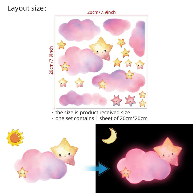 Clouds Stars Glowing Pink Blue Wall Stickers for Kids Girls Room Home Decor Glow in the Dark Fluorescent Light Switch Stickers