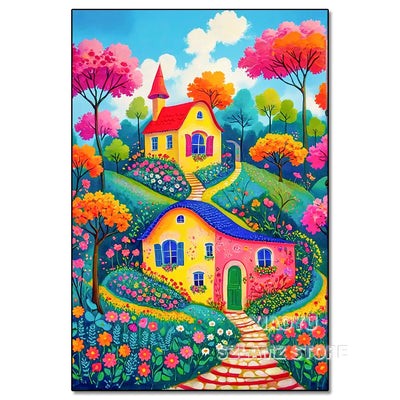 Diamond Painting Cartoon Fairy Tale World Colorful Castle Town Scenery 5D Full Round DIY Diamond Mosaic Embroidery Cross Stitch