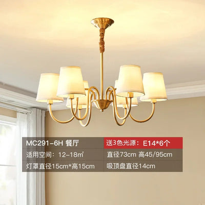 American Copper Led Chandelier Ceiling Lamp Living Dining Room Kitchen Hanging Light Luxury Fabric Home Decor Pendant Lighting