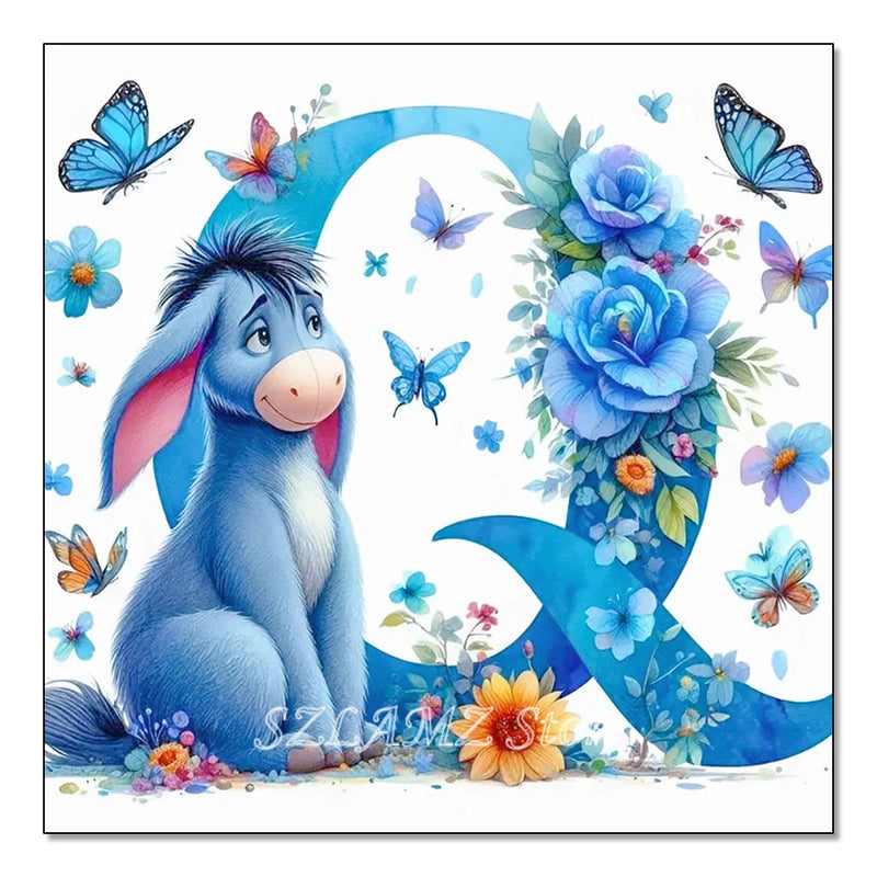 5D DIY Full Round Diamond Painting Letter Series Eeyore Donkey and Flowers Mosaic Art Kit Room Home Living Room Decoration