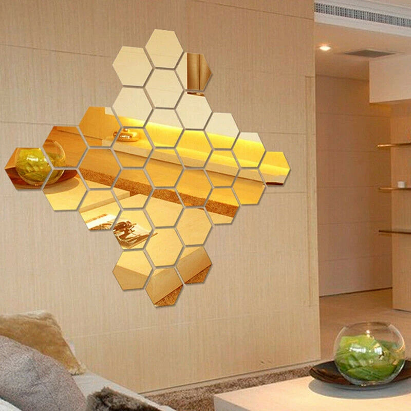 12Pcs Hexagon Mirror Wall Sticker Square Acrylic Wall Sticker Self-Adhesive Acrylic Tiles Sticker for Bathroom Diy 3D Wall Decal