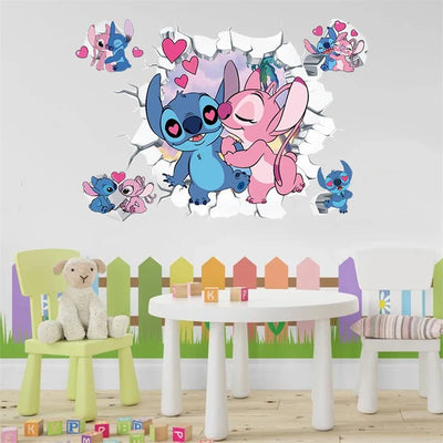 3D Broken Wall Lilo & Stitch Wall Stickers For Kid's Room Kindergarten Living Room Bedroom Wall Decoration Animated Poster