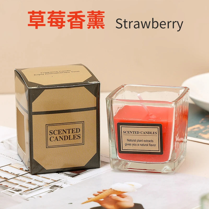 Candy Color Natural Plant Scented Candles Help Sleep Strawberry Lavender Jasmine Rose Scented Glass Square Cup Perfume Candles