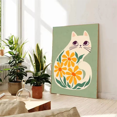 Boho Plants Flower Illustration Cats Canvas Poster Wall Art Print House Wall Painting Picture Bathroom Bedroom Living Room Decor