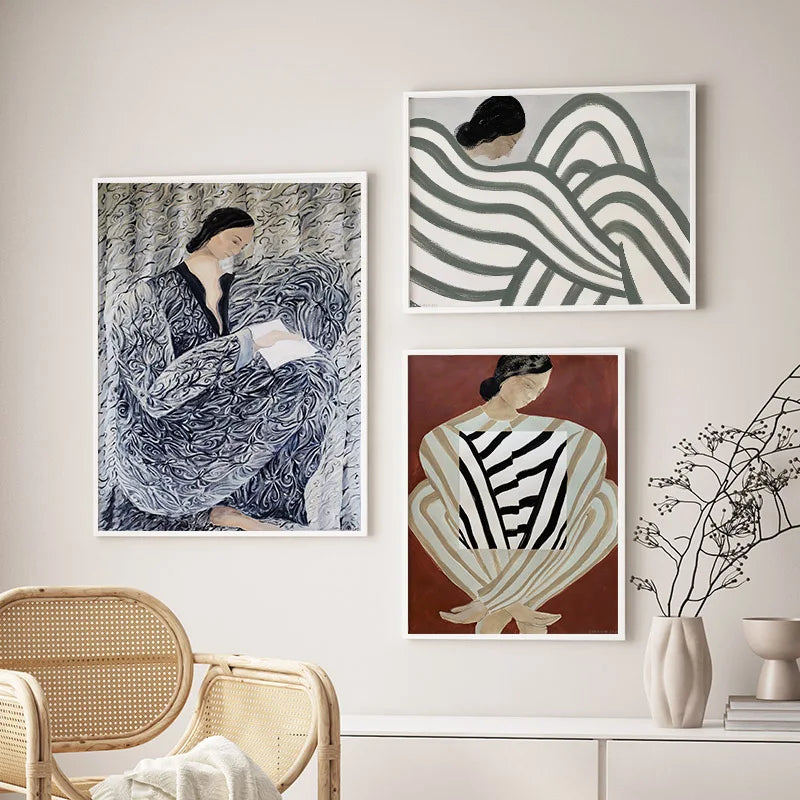 Abstract Line Striped Pajama Women Wall Art Geometric Vase Canvas Painting Nordic Posters And Print Living Room Home Mural Decor