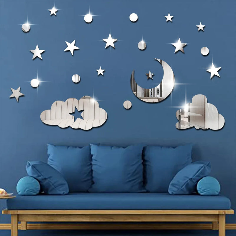 Stars moon clouds mirror 3d three-dimensional decoration wall paste bedroom wall room wall self-adhesive mirror wall stickers