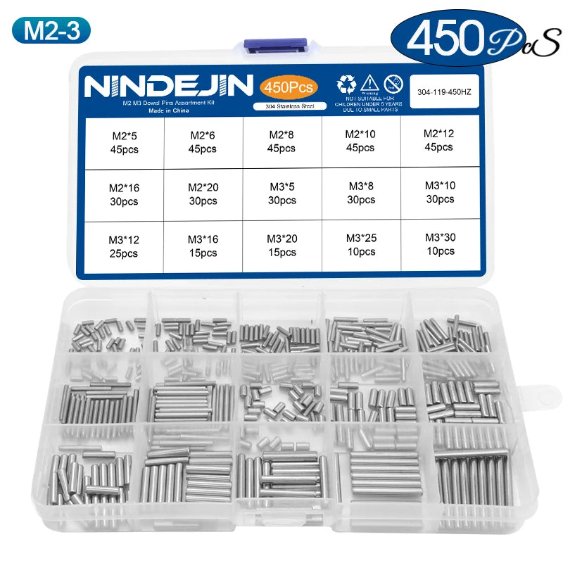 NINDEJIN Dowel Pin Assortment Kit M2 M2.5 M3 M4 M5 M6 Stainless Steel Dowel Pin Shelf Support Peg Pin Rod Fasten Elements Set