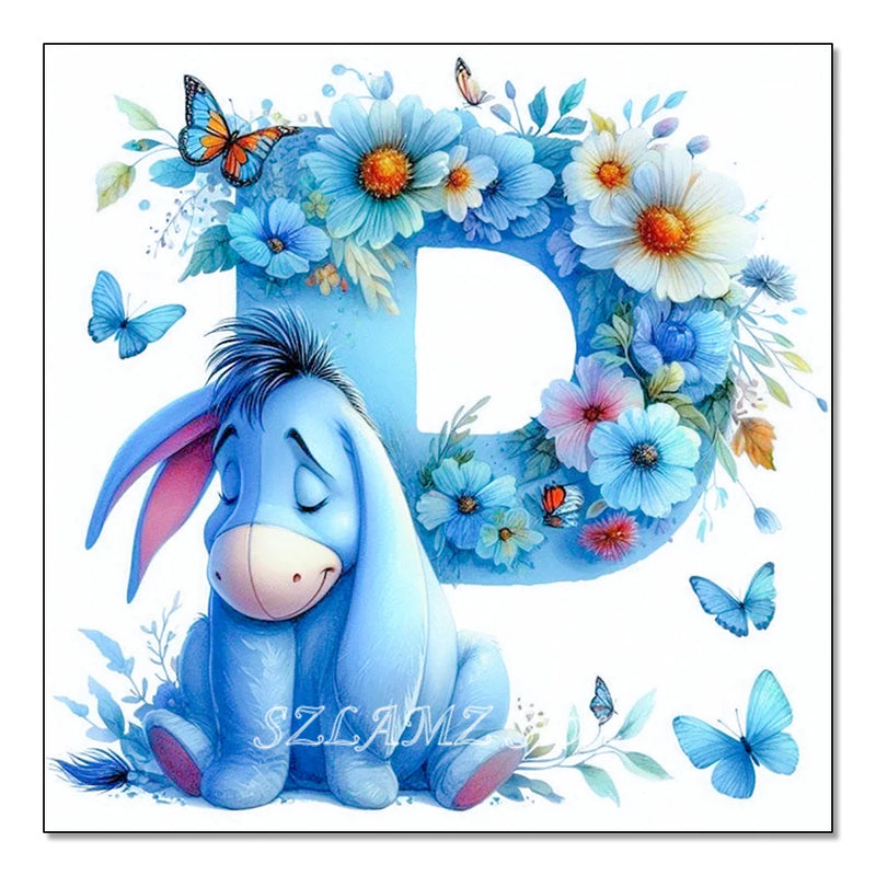 5D DIY Full Round Diamond Painting Letter Series Eeyore Donkey and Flowers Mosaic Art Kit Room Home Living Room Decoration