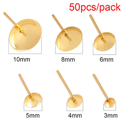 50-100pcs Stainless Steel Blank Earrings Pearl Cup Studs Base Pins Round Cabochon Tray Settings DIY Pearl Ear Post Pin Findings