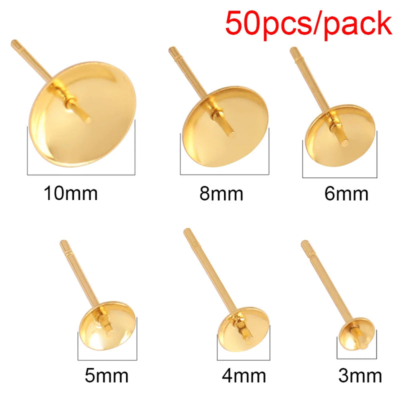 50-100pcs Stainless Steel Blank Earrings Pearl Cup Studs Base Pins Round Cabochon Tray Settings DIY Pearl Ear Post Pin Findings