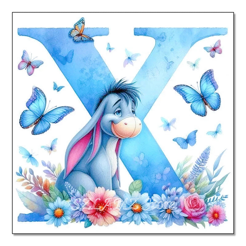 5D DIY Full Round Diamond Painting Letter Series Eeyore Donkey and Flowers Mosaic Art Kit Room Home Living Room Decoration