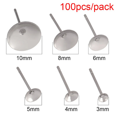 50-100pcs Stainless Steel Blank Earrings Pearl Cup Studs Base Pins Round Cabochon Tray Settings DIY Pearl Ear Post Pin Findings