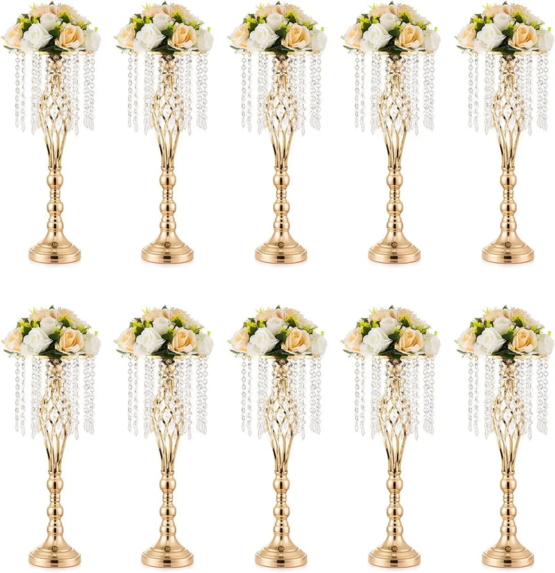 10 Pcs Gold Vase for Wedding Centerpieces  Table Decorations with Chandelier Crystals,  Flower Vase, Wedding Metal Flower Stand