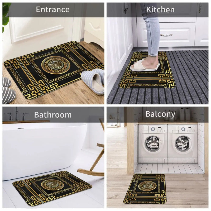 Greek Key Meander Black Gold Large Anti-slip Doormat Floor Mat Antiwear Carpet Rug for Kitchen Entrance Home Balcony Footpad Mat