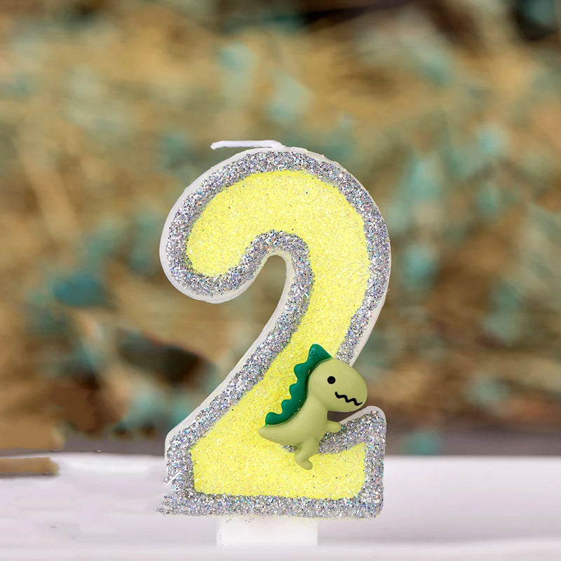 Cartoon Dinosaur Birthday Candle For Cake  Yellow Green Glitter Cupcakes Topper Kids Party Number 0-9 Supplies Boys Favor Gifts